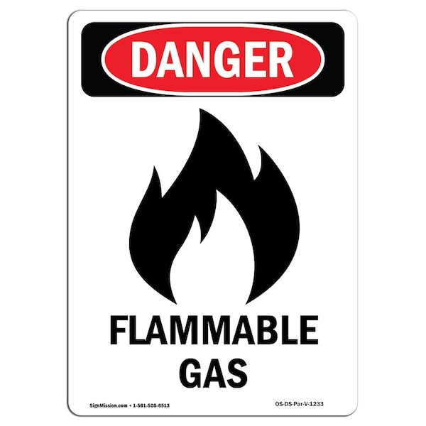 Safety Sign, OSHA Danger, 5" Height, Flammable Gas, Portrait, 10PK